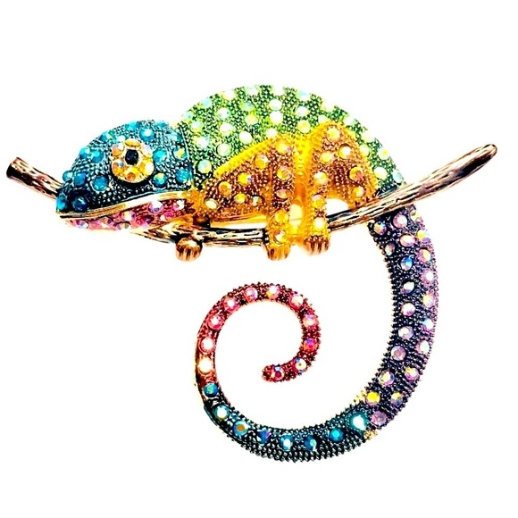 BETSEY JOHNSON Sparkling Rainbow Cubic Zirconia Chameleon Gold Statement Brooch - Picture 10 of 10
